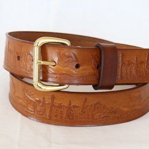 40" Handmade leather belt 100% cow hide brown embossed bears eagles deer tree R
